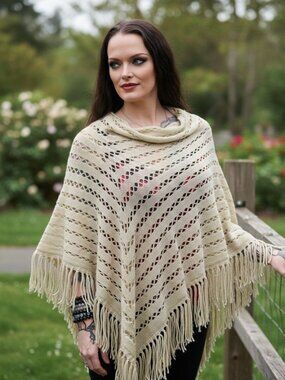 Boho Knitwear ✦ Open Knit Fringe Poncho Sweater ✦ Beige Lightweight Layering OS